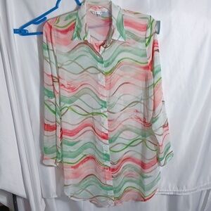 Erin London Sz M Button Up Blouse/cover-up, sheer, oversized, white green red